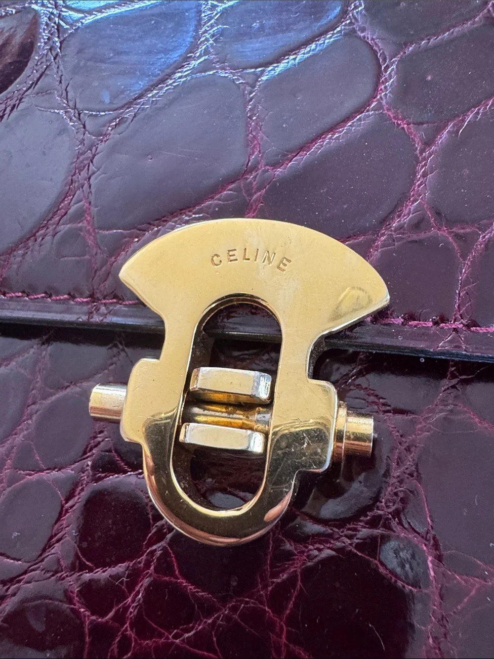 CELINE Vintage Front Lock Shoulder Bag Purse Croc Embossed Bordeaux Leather